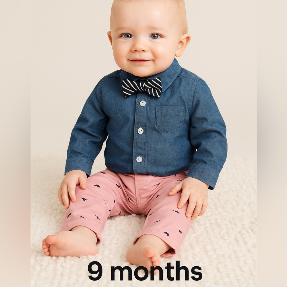 Carter’s Baby Boy 3-Piece Outfit Denim Bodysuit with Bow Tie & Pink Pants 9M